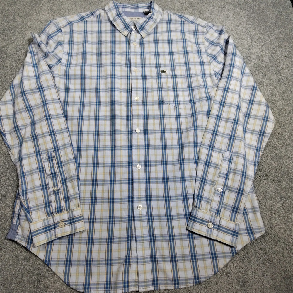 Lacoste Button Down Shirt Mens L Regular Fit Plaid Blue Yellow Cotton Good
